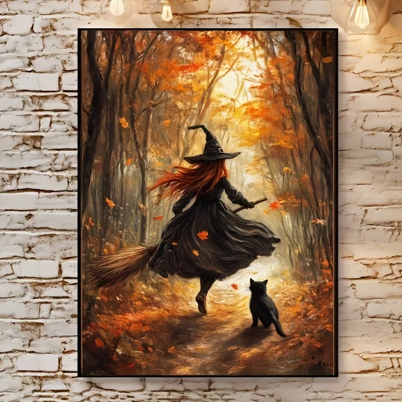 Photography Object - Retro Alloween Autumn Witch On Broomstick